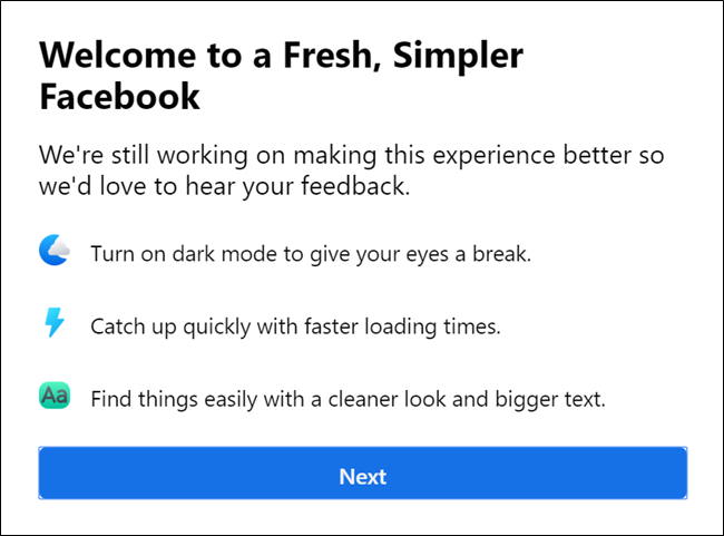 New Facebook Ongi etorri mezua