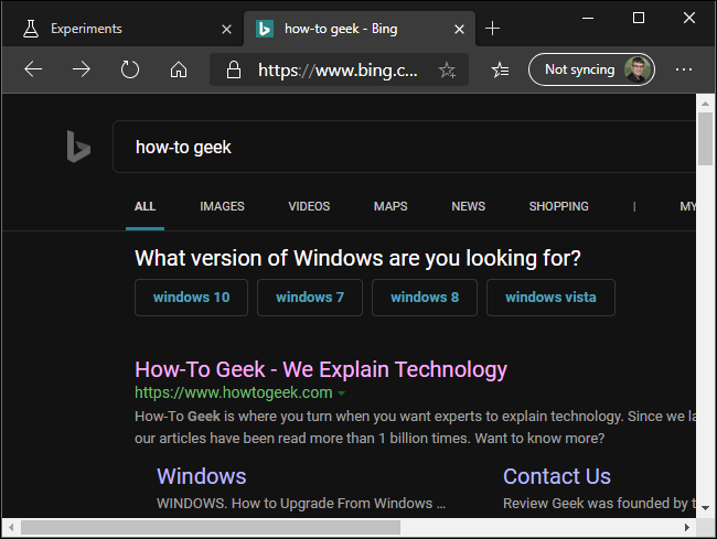 Modu iluna behartzea Bing-en Microsoft Edge arakatzaile berrian.