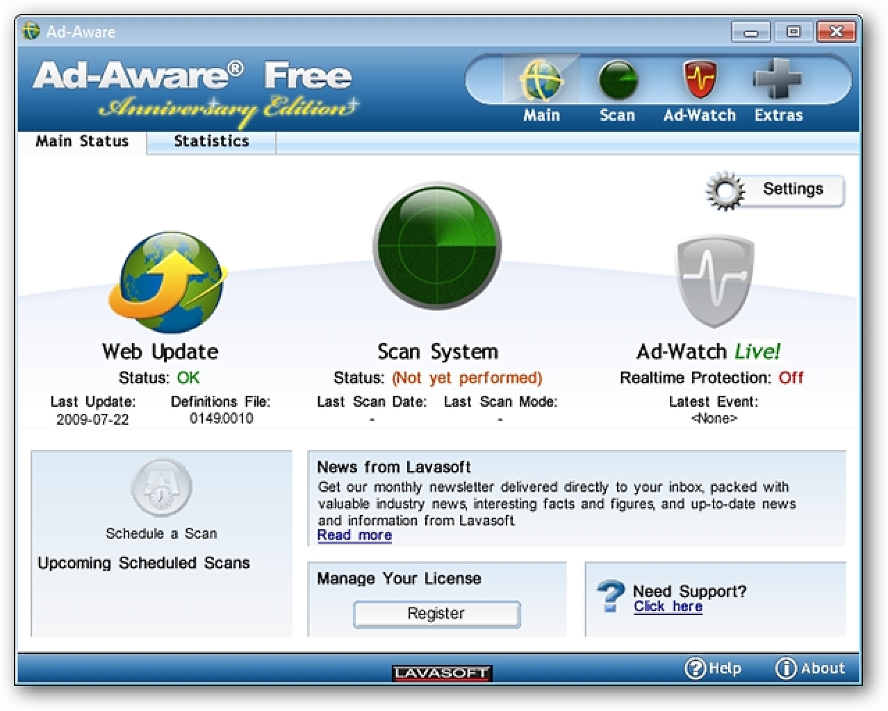Ezabatu Malwarea kutsatutako sistema batetik Ad-Aware 2009-rekin
