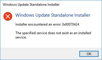 zerbitzu Windows Eguneratzea 0x80070424 errorea falta da Windows 10 Pro
