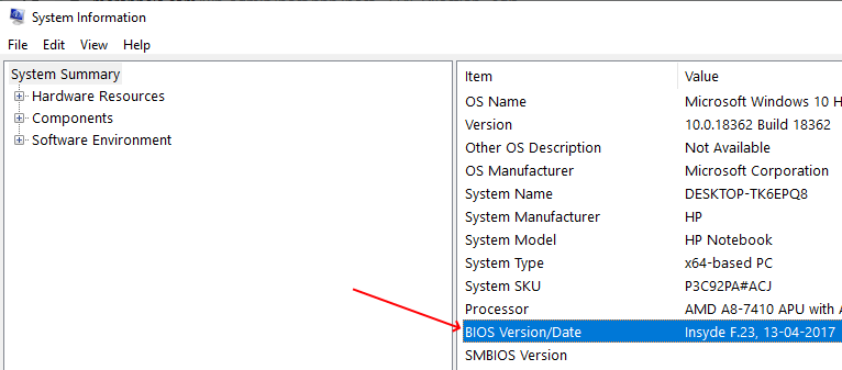 Nola egiaztatu BIOS bertsioa OSan Windows 10
