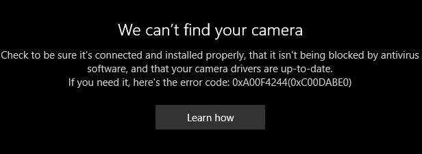 Konponketa Ezin izan dugu kamera aurkitu (errore kodea 0xA00F4244) barruan Windows 10
